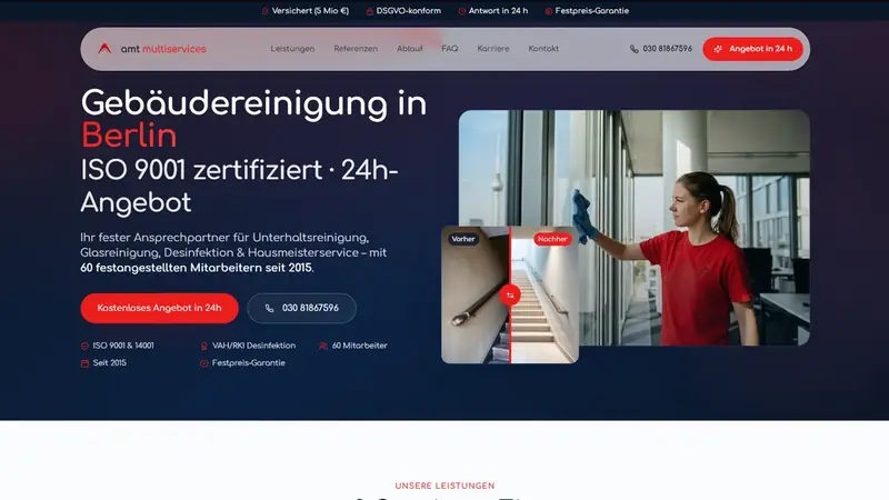 Desktop-Ansicht: Firmenseite der Berliner Gebäudereinigung amt multiservices GmbH