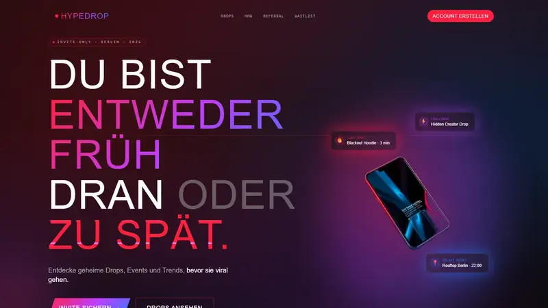 Desktop-Ansicht der Einladungsplattform Hypedrop in Berlin