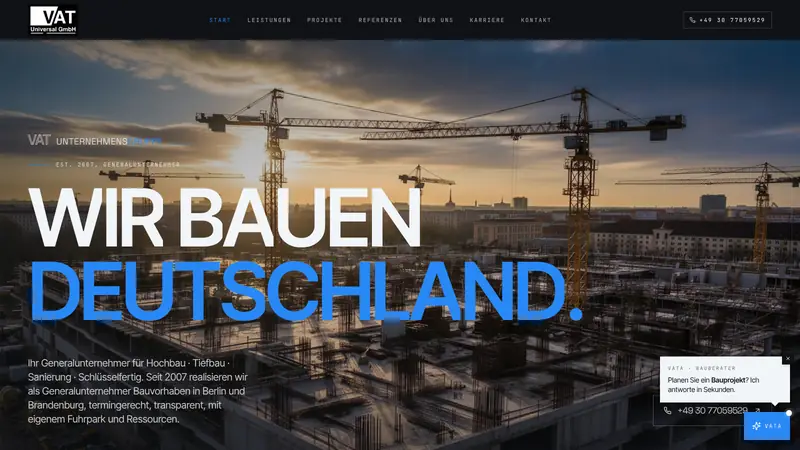Desktop-Ansicht der Website der VAT Universal GmbH, Generalunternehmer in Berlin, mit der Überschrift „Wir bauen Deutschland“